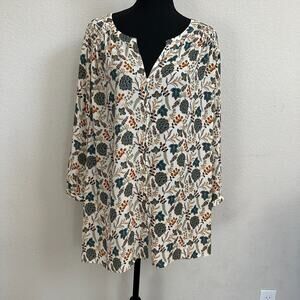 Rose Olive Top 3X Plus Blouse Floral Cream Fall Holiday 3/4 Sleeve Chiffon Casua